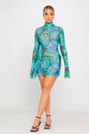 Blue Sheer Mesh Floral Print Long Sleeve Mini Dress