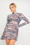 Zebra Sheer Mesh Floral Print Long Sleeve Mini Dress