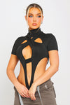 Black Extreme High Leg Cut Out Short Sleeve Bodysuit