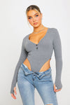 Dark Grey Ribbed Plunge High Leg Long Sleeve Bodysuit