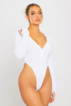 White Ribbed Plunge High Leg Long Sleeve Bodysuit