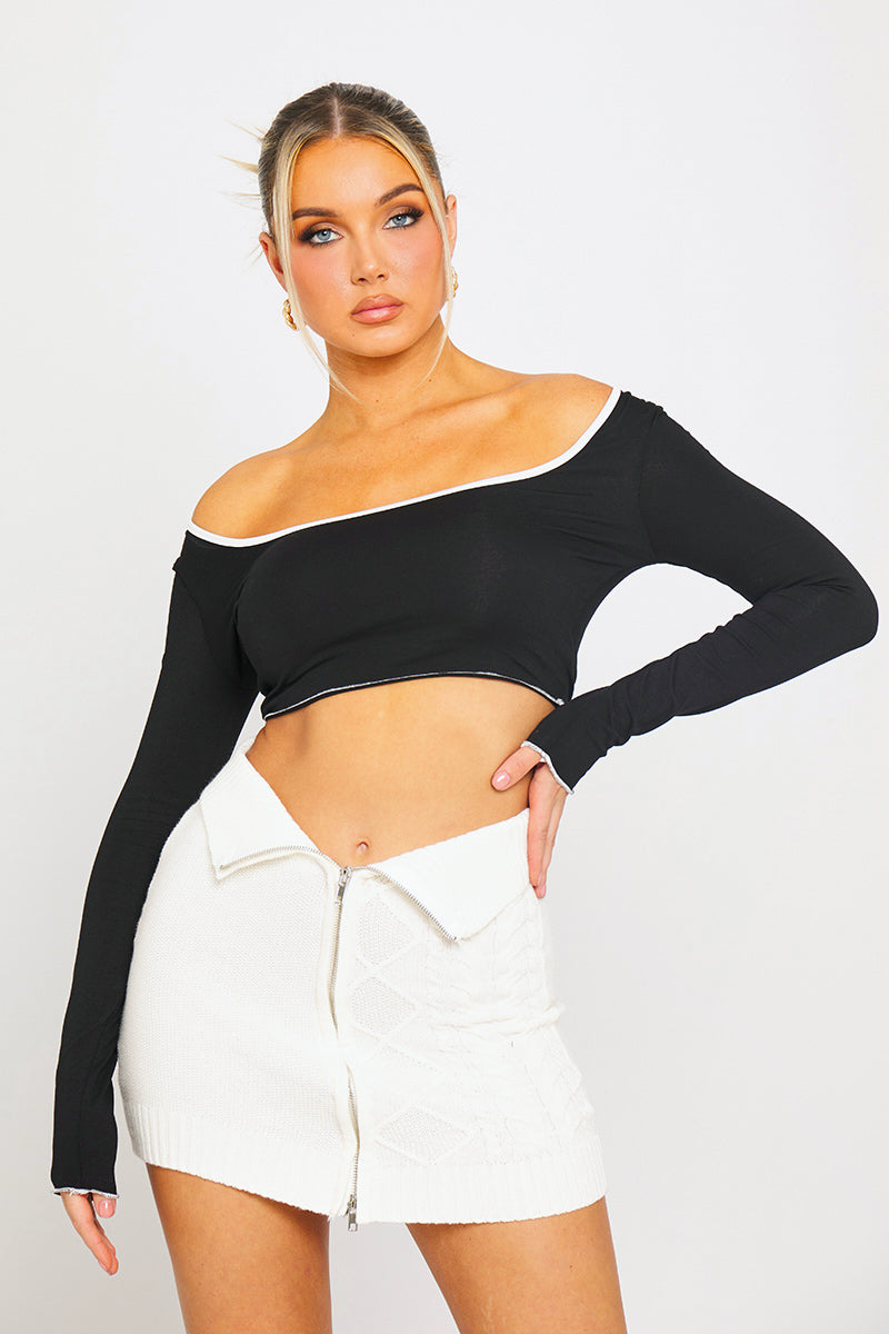 Black Ribbed Contrast Trim Long Sleeve Crop Top