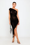 Black Ruched One Shoulder Textured Asymmetric Midaxi Dress