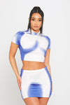 Blue Body Heat Print High Neck Top & Mini Skirt Co-Ord