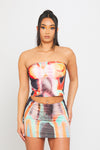 Orange Body Heat Graphic Print Bandeau Top & Mini Skirt