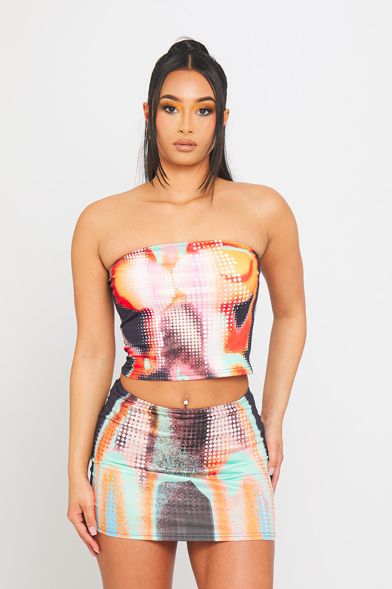 Orange Body Heat Graphic Print Bandeau Top & Mini Skirt