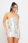Silver Metallic Ruched High Leg Bodysuit & Mini Skirt Co-Ord