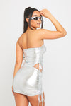 Silver Metallic Ruched High Leg Bodysuit & Mini Skirt Co-Ord