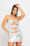 Silver Metallic Ruched Cut Out Detail Bandeau Mini Dress