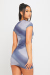 Blue Cut Out Illusion Body Print Short Sleeve Mini Dress