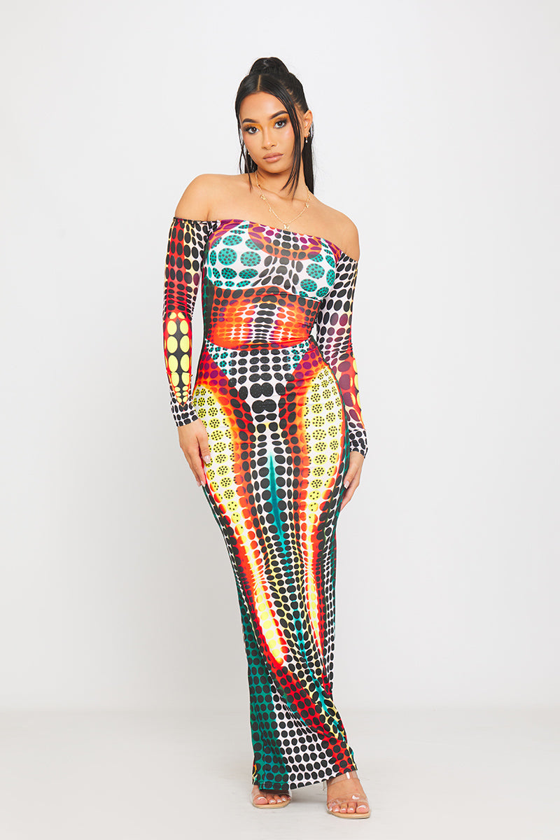 Multi Polka Dot Print Off Shoulder Long Sleeve Maxi Dress