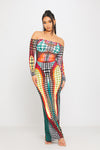Multi Polka Dot Print Off Shoulder Long Sleeve Maxi Dress