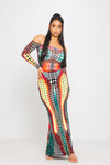 Multi Polka Dot Print Off Shoulder Long Sleeve Maxi Dress