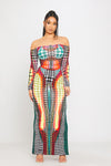 Multi Polka Dot Print Off Shoulder Long Sleeve Maxi Dress
