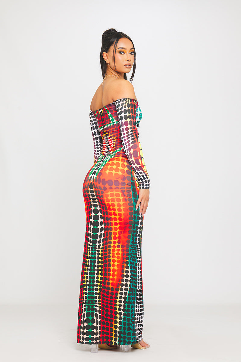Multi Polka Dot Print Off Shoulder Long Sleeve Maxi Dress