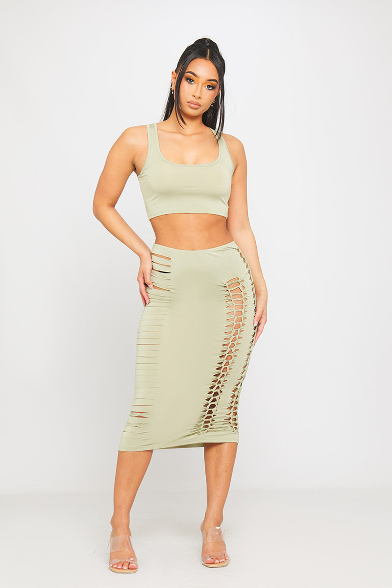 Sage Cut Out Braid Detail Crop Top & Midi Skirt Co-Ord