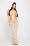 Sand Crochet Knit Halterneck Cut Out Backless Maxi Dress