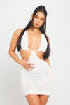 Cream Crochet Knit Halter Plunge Cut Out Detail Mini Dress