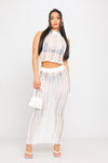 White Shredded Knit Ladder Detail High Neck Crop Top
