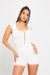 White Ribbed Hook Detail Cap Sleeve Playsuit