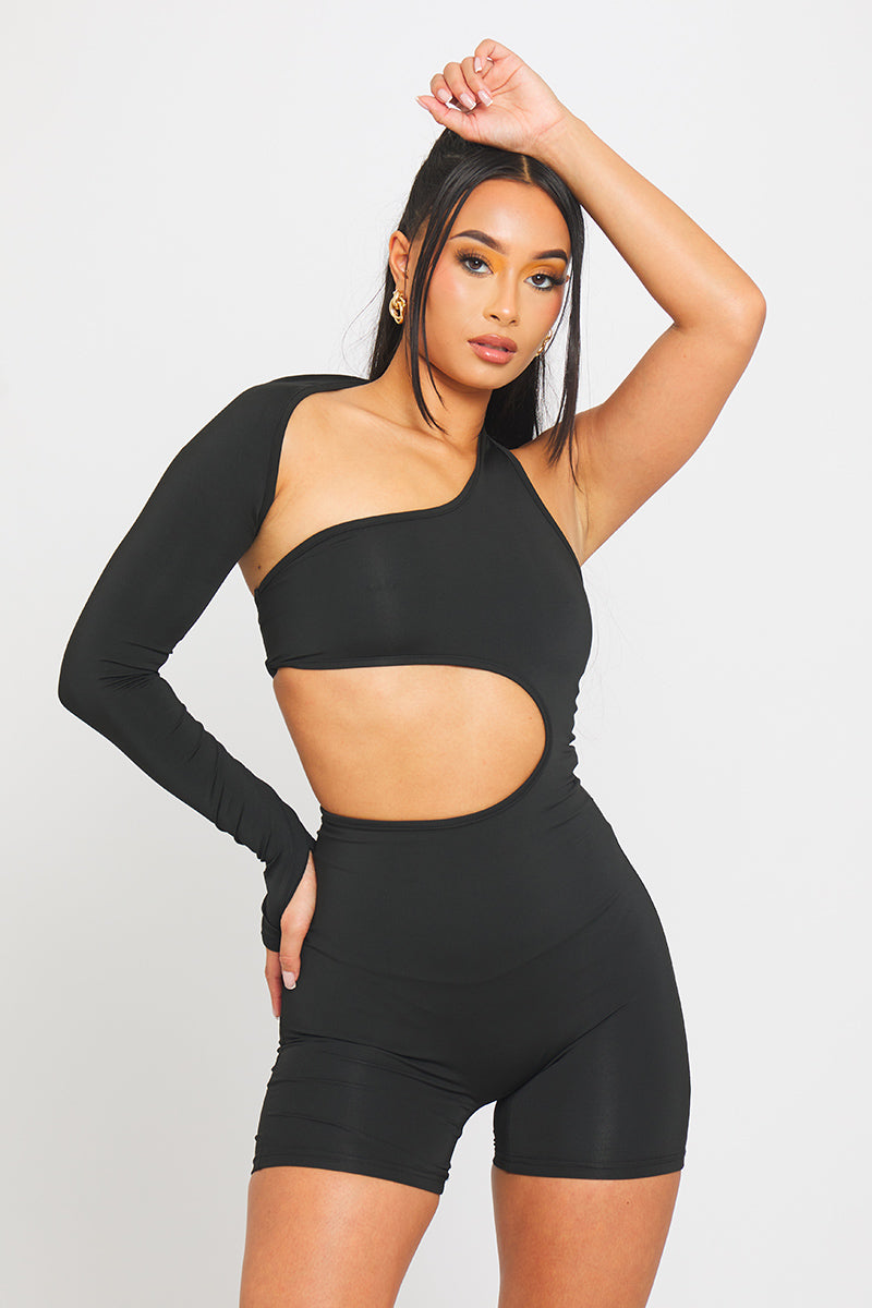 Black Cut Out One Sleeve Playsuit