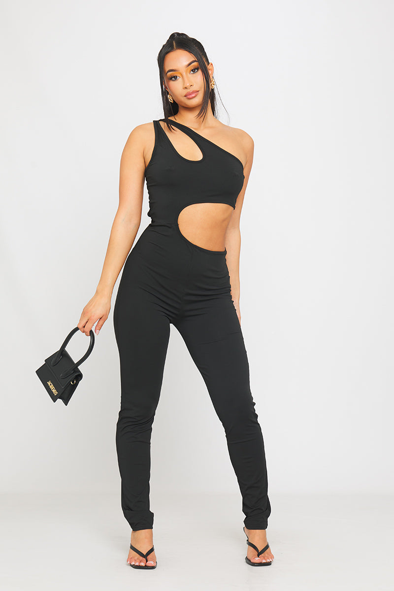 Black Cut Out One Shoulder Asymmetric Jumpsuit