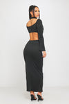 Black High Neck Keyhole Cut Out Flared Sleeve Midi Dress