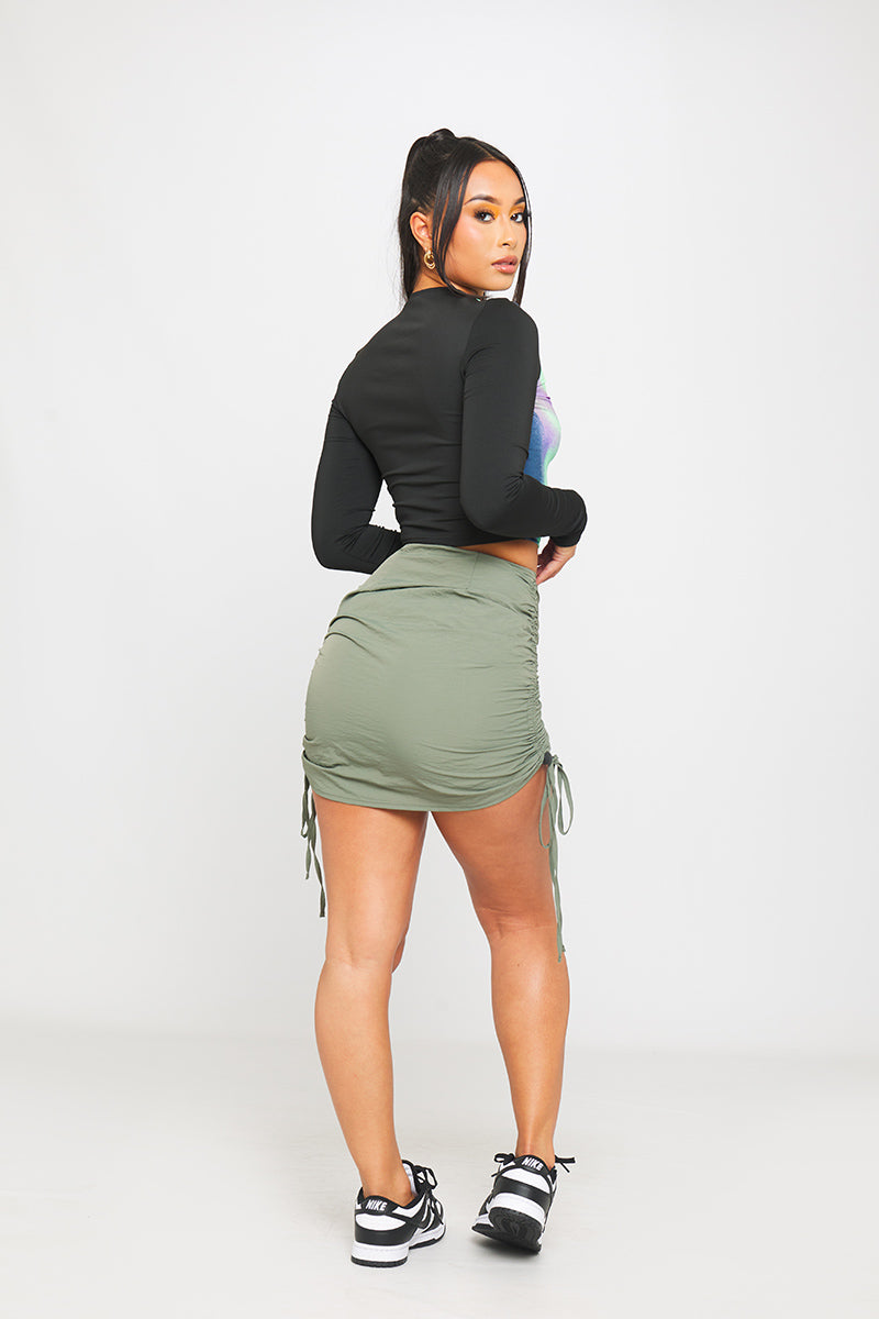 Khaki Ruched Side Drawstring Cargo Shell Mini Skirt
