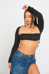 Black Rib Knit Square Neck Long Sleeve Crop Top