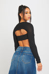 Black Rib Knit Square Neck Long Sleeve Crop Top