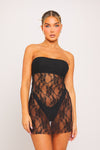 Black Mesh Lace Side Split Detail Bandeau Mini Dress