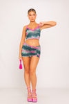 Multi Print Lace Trim Crop Top & Ruched Mini Skirt Co-Ord