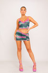 Multi Print Lace Trim Crop Top & Ruched Mini Skirt Co-Ord