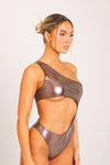 Brown Metallic Cut Out One Shoulder Bodysuit Co-Ord