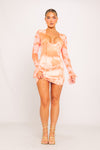 Orange Tie Dye Print Plunge Bell Sleeve Mini Dress
