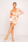 Orange Tie Dye Print Plunge Bell Sleeve Mini Dress
