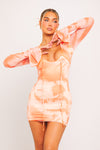 Orange Tie Dye Print Plunge Bell Sleeve Mini Dress