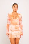 Orange Tie Dye Print Plunge Bell Sleeve Mini Dress