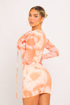 Orange Tie Dye Print Plunge Bell Sleeve Mini Dress