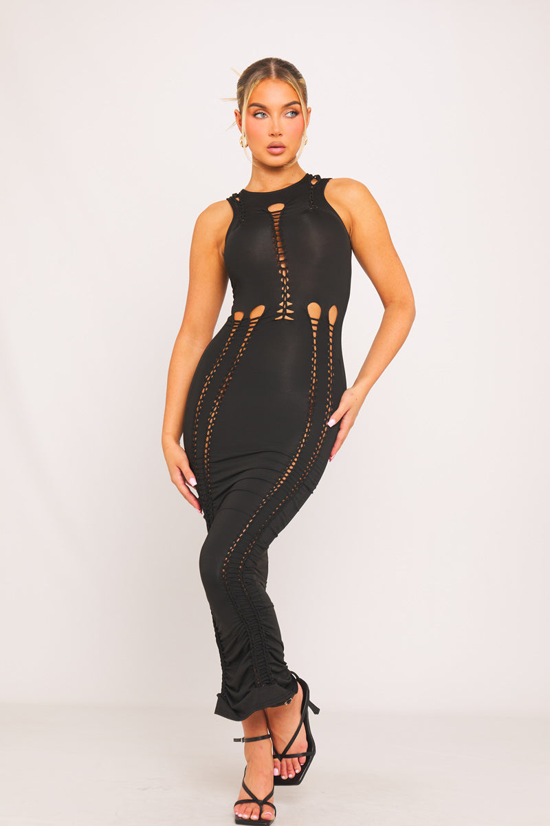 Black Cut Out Braided Sleeveless Midaxi Dress