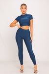 Navy Shine Pin Tuck Short Sleeve Top & Leggings Co-Ord