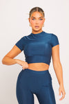 Navy Shine Pin Tuck Short Sleeve Top & Leggings Co-Ord