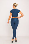 Navy Shine Pin Tuck Short Sleeve Top & Leggings Co-Ord