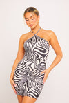 Black Swirl Print Halterneck Open Back Mini Dress