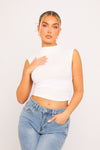 White High Neck Sleeveless Ruched Crop Top