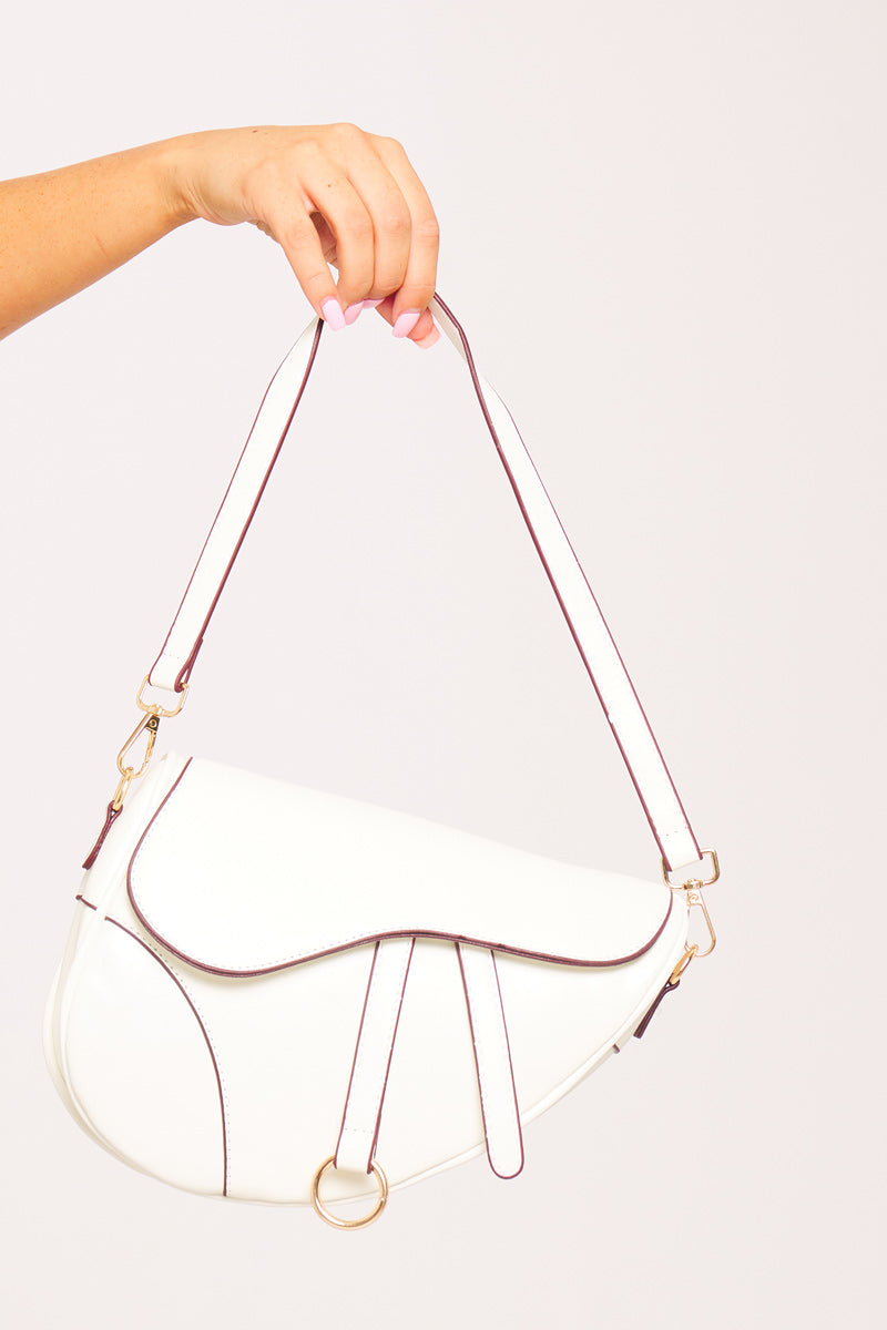 White Faux Leather Saddle Bag With Strap