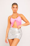 Pink Halter Sheer Mesh Embellished Open Front Crop Top
