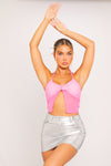 Pink Halter Sheer Mesh Embellished Open Front Crop Top