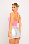 Pink Halter Sheer Mesh Embellished Open Front Crop Top