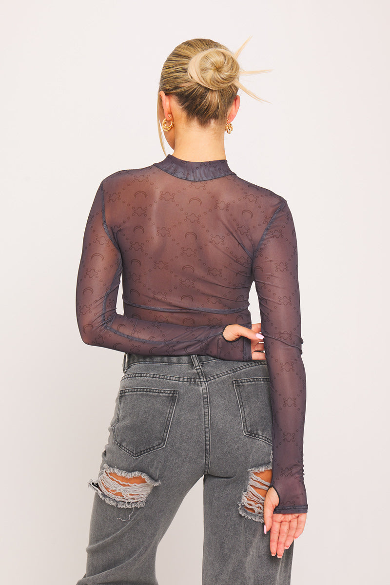 Dark Grey High Neck Monogram Sheer Long Sleeve Top